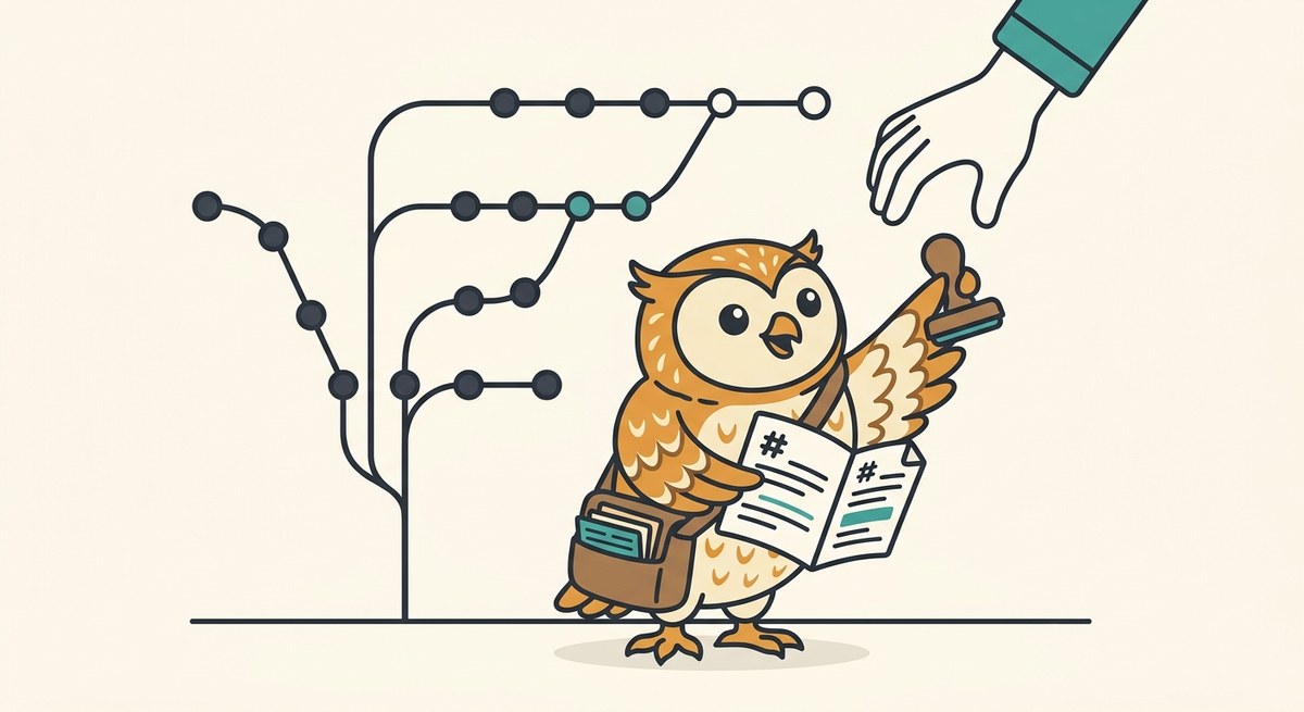 An owl carrying a binder of documentation while a hand stamps a change, next to a branching git graph.